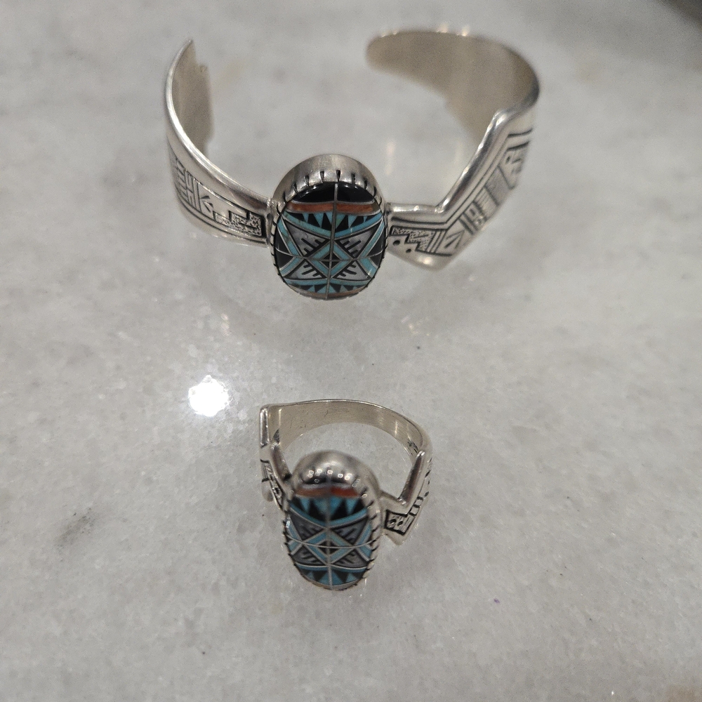 Silver And Blue Geometric Pattern Ring Set - image 1